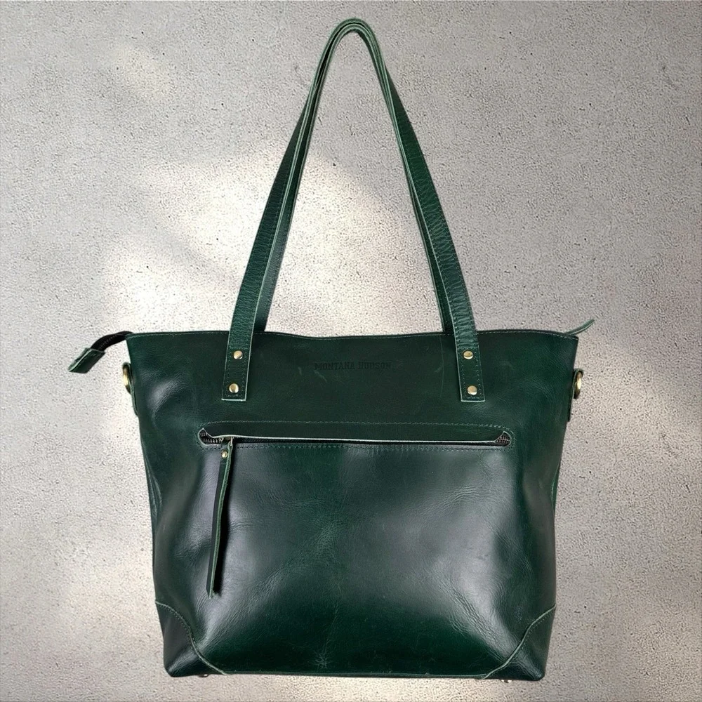Montana‎ Hudson Eva Leather Green Zip Tote Laptop Bag w/ Shoulder Strap